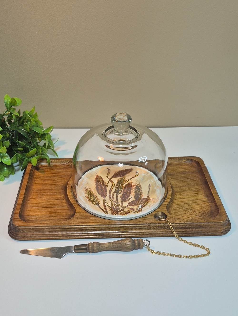 VINTAGE Wheat Wood Cheese & Cracker Board Ceramic Tile With Glass Dome & Knife